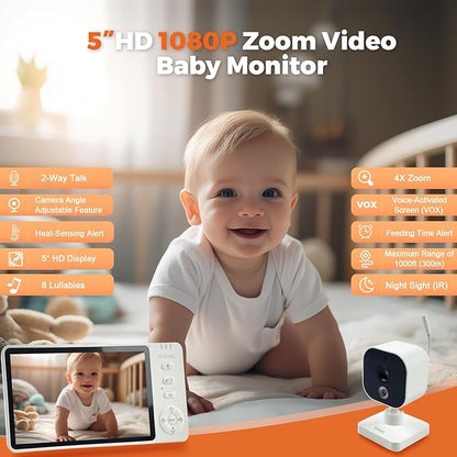 Wireless Baby Car Camera Monitor 5" HD 1080P IPS, 360° Rotating Camera with Auto/Manual Night Vision, 1000ft Range, Anti-Glare Display & USB Charging for Backseat, Home, Travel，Camping
