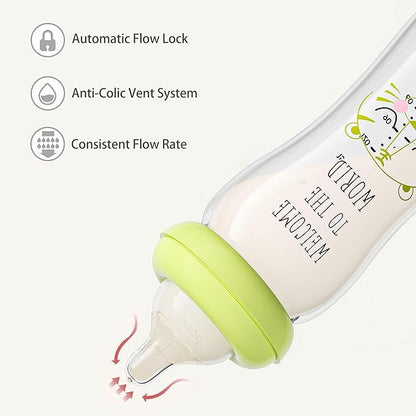 YOHKOH Natural Glass Baby Bottle with Natural Response Nipple, Newborn Anti-Colic Baby Bottles, Wide Neck Mushroom Cap Baby Bottle, Clear (8.8ounce (Pack of 4), Green1)