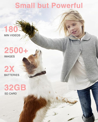 Digital Camera, FHD 1080P Point and Shoot Kids Camera, with 32GB Card, 2 Batteries, 16X Zoom Anti Shake Date Stamp, Compact Portable Small, for Starter Kid Children Teen Student Girl Boy(Pink)