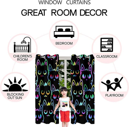 Cat Curtain Panels for Girls - 2Pcs Cat Blackout Curtains for Girls Bedroom, 82" W x 63" L