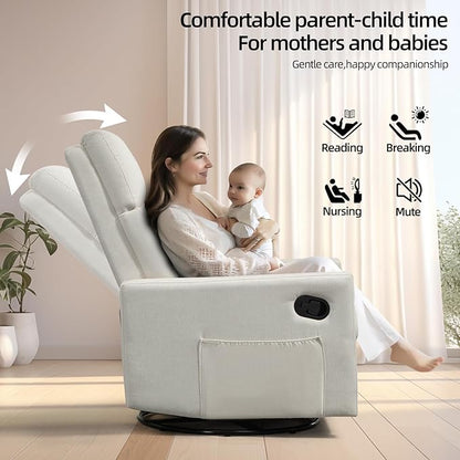 Swivel Rocker Recliner Chair, Upholstered Fabric Nursery Rocking Glider Chair with Adjustable Backrest and Footrest, Lay Flat Recliner Single Lazy Sofa for Living Room(Beige)