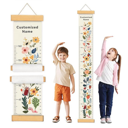 Personalized Name Growth Chart Wall Decor for Kids – Canvas Removable Height Chart Measuring Ruler 59" x 7.9" (Flowers)