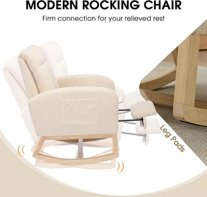 NIOIIKIT Modern Nursery Rocking Chair, Teddy Upholstered Rocking Chair with Footrest, Comfortable Glider Rocker with Side Pocket for Living Room, Bedroom, Nursing Room (Beige)