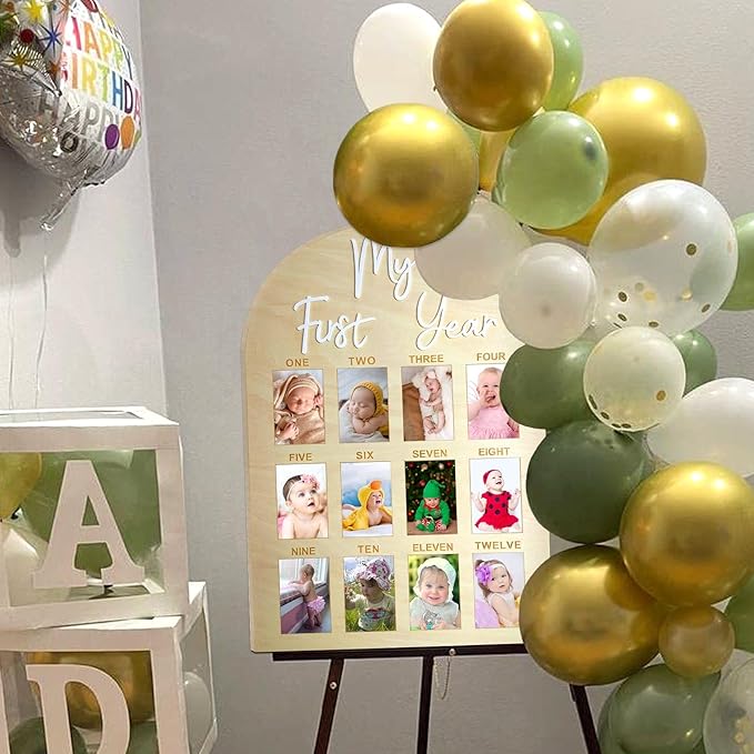 One Year Birthday Wooden Photo Board My First Year Milestone Photo Board 12 Monthly Picture Frame Baby First year Wood Acrylic Sign 1st Birthday Decorations Baby Keepsake Gift (2" x 3" photos - Wallet Size)