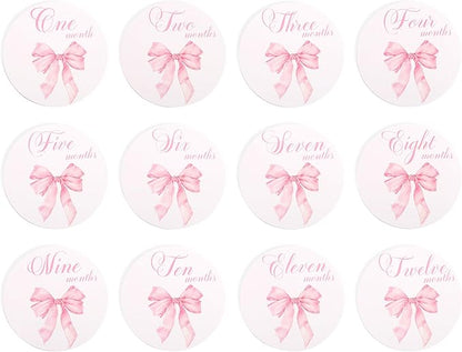 Bow Baby Monthly Milestone Markers - Baby Monthly Milestone Discs Photos,Coquette Bow Month Photo Signs,Baby’S First Year Newborn Signs for Girl (Pink)