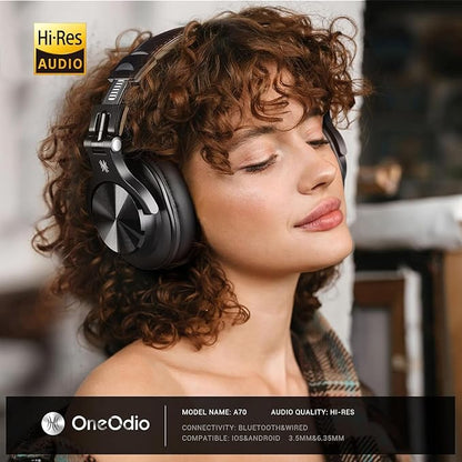 OneOdio A70 Bluetooth Over Ear Headphones, Wireless Headphones with 72H Playtime, Hi-Res, Built-in Mic, 3.5mm/6.35mm Wired Audio Jack for Studio Monitor & Mixing DJ Guitar AMP, Computer Laptop PC