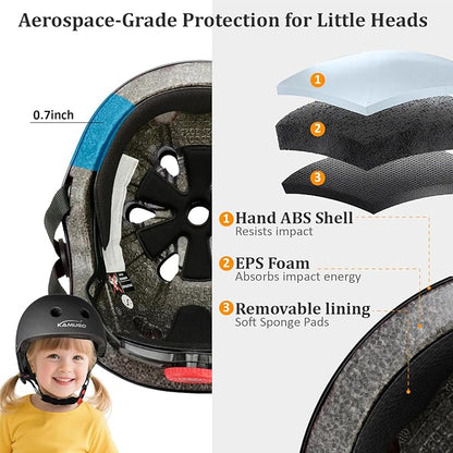 KAMUGO Kids Adjustable Helmet, with Sports Protective Gear Set Knee Elbow Wrist Pads for Toddler Age 2-8 Boys Girls, Bike Skateboard Hoverboard Scooter Rollerblading Helmet Set