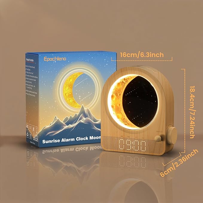 Sunrise Alarm Clock, White Noise Machine & Meteor Moonlight - 10 Soothing Sounds, Dual Alarms, 30/60/90min Timer, Easy Snooze - Bedroom Gift for Insomnia Adults/Women - Wood
