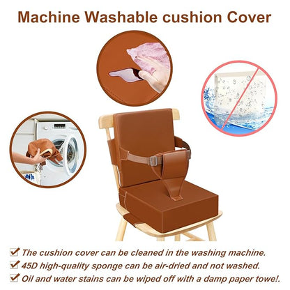 Toddler Booster Seat for Dining Table Kitchen Chair, Waterproof Non-Slip with Backrest & Adjustable Straps, Portable PU Travel Baby Kids Booster Seat Cushion