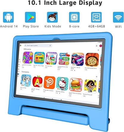 Kids Tablet, 10.1 Inch Tablet for Kids Android 14, 64GB Octa-Core, WiFi, Big Battery, Kids Space, Parental Control 1280 * 800 HD Display Children Tablets Blue