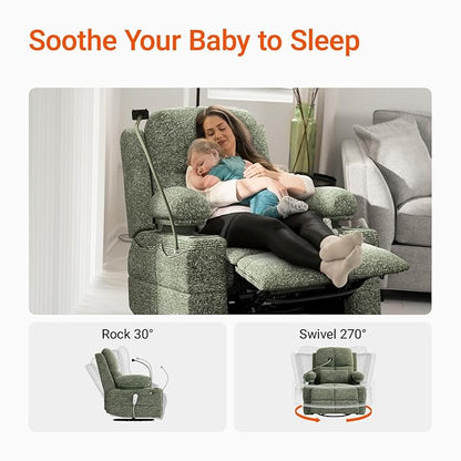Rocking Chair Nursery with Adjustable Armrests, Electric Glider Recliner Nursing Chair for Breastfeeding, Power Swivel Recliner Chairs with USB Port and Storage, FSC Certified (Moss, Fabric)