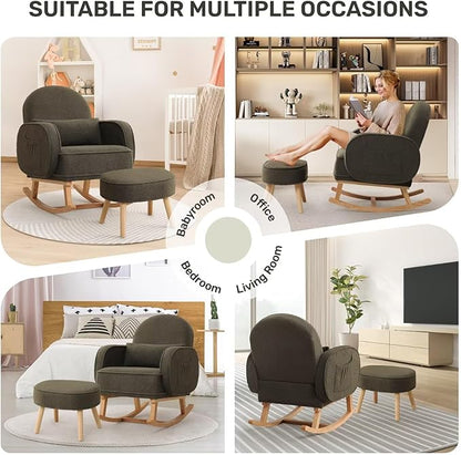 Rocking Chair with Ottoman, Upholstered Nursery Glider Rocker with High Backrest and Side Pocket, Teddy Rocking Accent Armchair with Solid Wood Legs for Nursery, Living Room, Bedroom Green