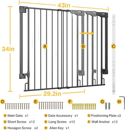 Cumbor 34" Extra Tall No Bottom Bar Baby Gate for Stairs, Auto Close Dog Gate Indoor for Larger Pets, 29.2-43" Hardware Mounted Safety Gate for Doorways, Wide Walk Thru Door for Easy Access (Black)
