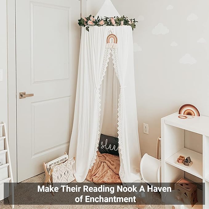 OldPAPA Kids Bed Canopy with Pom Pom Hanging Mosquito Net for Baby Crib Nook Castle Game Tent Nursery Play Room Decor，White