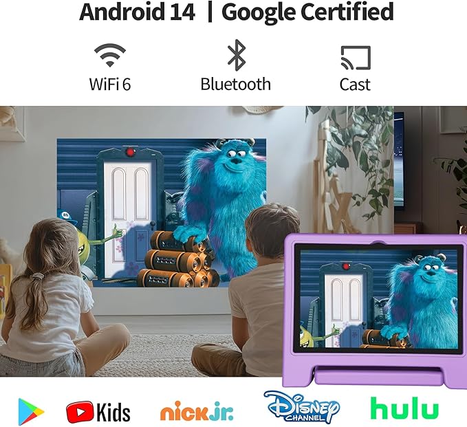 JREN Tablet for Kids｜10 Inch Kids Tablet Android 14｜Octa-core｜64GB｜WiFi ｜Bluetooth｜Parental Control｜Children Content｜Children Toddler Purple