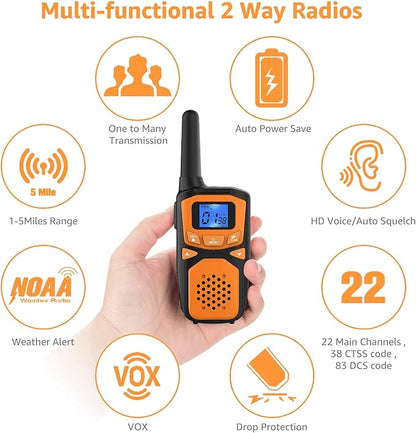 WokTok Rechargeable Long Range 2 Pack Walkie Talkies - 22 Channels VOX Scanning LCD Display - Ideal for Family Camping and Hiking