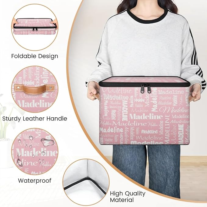Custom Storage Basket with Name, Personalized Storage Bins with Zipper Lid, Foldable Fabric Storage Box Large capacity with Handle Pink