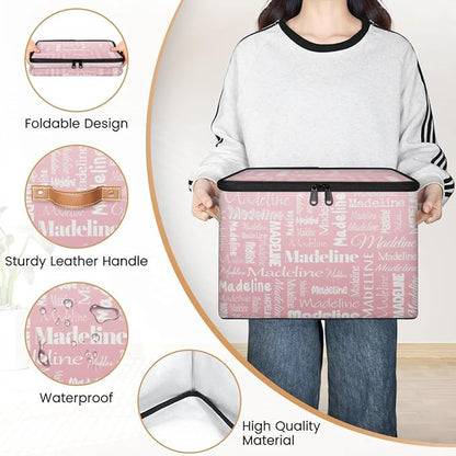 Custom Storage Basket with Name, Personalized Storage Bins with Zipper Lid, Foldable Fabric Storage Box Large capacity with Handle Pink