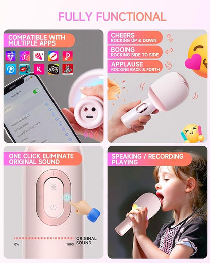 Wireless Bluetooth Karaoke Microphone, 5-in-1 Portable Handheld Mic Speaker with Dynamic Lights, Karaoke Microfono for Car Travel Home Party, Music Record, Duet Singing Gifts for Adults Kids (Pink)