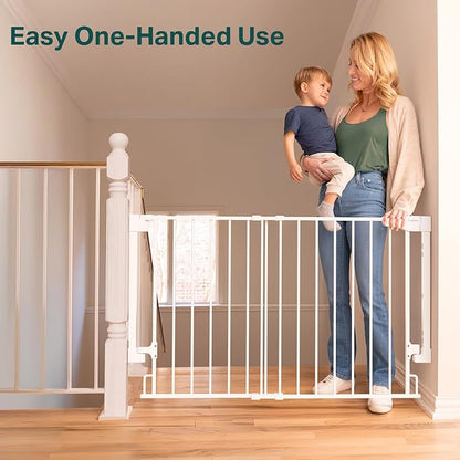 Cumbor 29.2-43" No Bottom Bar Baby Gate for Stairs, 2-in-1 Hardware Mounted Dog Gate Indoor, Auto Close Pet Gate for Doorways with Large Walk Thru Door, Wide Child-Proof Safety Gates for Kids (White)