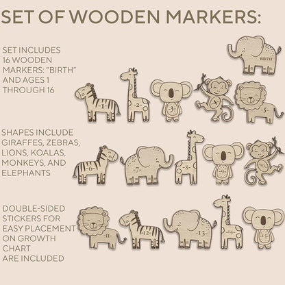 3D Wooden Growth Ruler Markers for Kids Height Measurement, Safari Shapes for Boys Nursery.