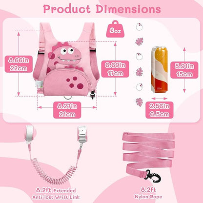 Dr.meter 3 in 1 Toddler Harness Leash + 8.2ft Anti Lost Wrist Link, Cute Dinosaur Kids Anti Lost Leash with Key Lock, Child Walking Harness for Parent Boys Girls Keep Kids Close, Travel Essensials