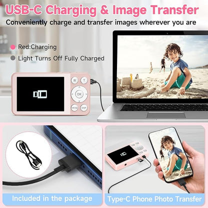 Digital Camera, Autofocus 4K 64MP Point and Shoot Digital Cameras for Teens with 64GB Card, 18X Zoom Anti-Shake Compact Video Camera for Student Kids Boys Girls Beginner - Pink