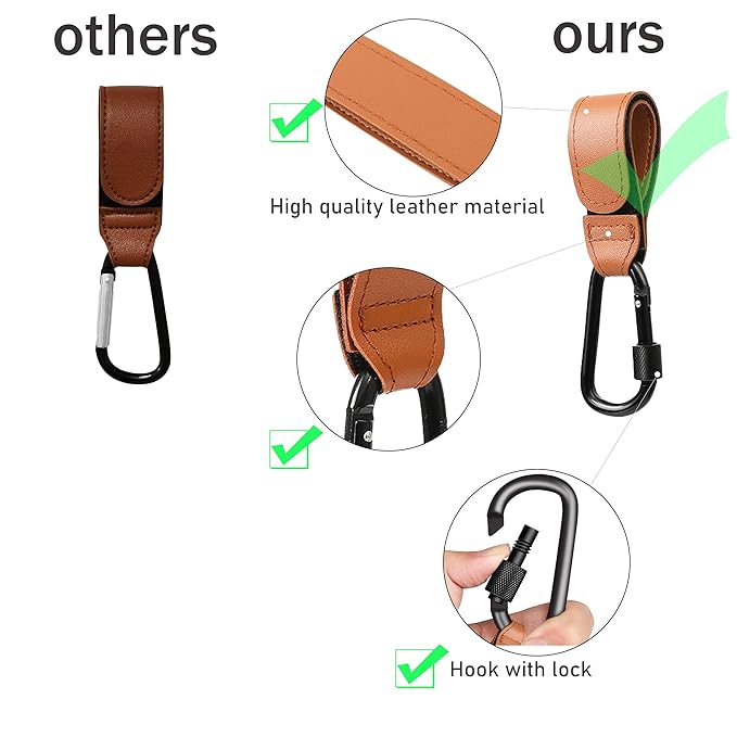 3 Pcs Baby Stroller Hook, Carry 20 lbs per Stroller Carabiner Clip, Adjustable Baby Stroller & Car Seat Hook for Hanging Diaper Bag, Wheelchair, Shopping and Pet Cart(Leather)