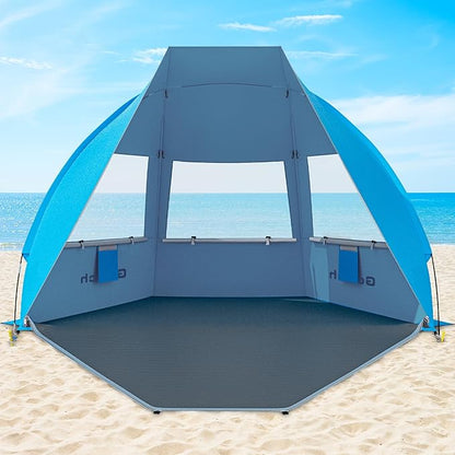 Gorich Portable Beach Tent for 3/4-5/6-7 Person with UPF 50+ UV Protection, Lightweight & Foldable Sun Shelter with 5 Sand Bags, Easy Setup Windproof Beach Umbrella Sun Shade