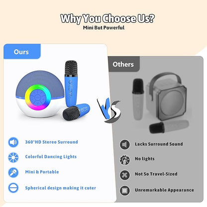 Karaoke Microphone Machine Toys for Kids Adults, Mini Portable Bluetooth Speaker with 2 Wireless Mics, Christmas Birthday Gifts for Boys Girls Ages 3 4 5 6 7 8 9 10 11 12+ Year (Blue)