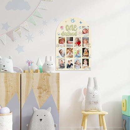R HORSE My First Year Photo Frame Board, 3D Onederland Tea Party Birthday Decorations Display Wood Board, Baby First Year Picture Frame 12 Months Milestone 1st Birthday Nursery Decor Gift for Girl