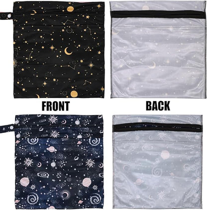 2pcs Cloth Diaper Wet Dry Bags, Waterproof Reusable Wet Bag with 2 Zipper Pockets & Handle, Washable Laundry Bags for Baby Adult Clothes Travel Beach Pool Daycare Yoga Gym Exercise Swimsuits,