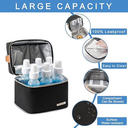 Breastmilk Cooler Bag with Ice Pack Fits 6 Baby Bottles up to 9 Ounce, Breast Milk Pump Cooler Bag with Shoulder Strap for Nursing Mom Daycare, Work, Travel- Black
