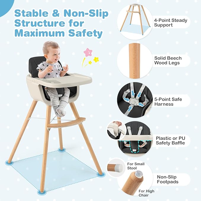HONEY JOY Baby High Chair, 6-in-1 Eat & Grow Wooden Highchair/Toddler Chair with Removable Tray, 5-Point Harness, PU Cushion and Footrest, Convertible High Chair for Babies and Toddlers(Black)