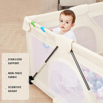 Baby Playpen Foldable, Playard for Babies and Toddlers, Portable Playpen Activity Center with 50 Balls+2 Handles for Travel, Indoor & Outdoor Play Pen with Mesh 50''x50''