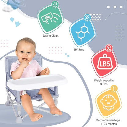 Portable Baby Booster Seat with Tray, Toddler Booster seat for Dining, Camping, Travel, Baby Beach Chair 6 Months to 3 Years Old Indoor Outdoor Use Grey