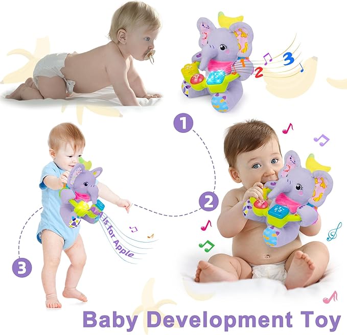 Baby Elephant Musical Stuffed Animals Toy with Light-Up Music & Crinkle Sound Paper,Infant Bilingual Early Learning Education Toys,Tummy Time Toys for 0-3-6-12+ Months Boy Girl, Purple