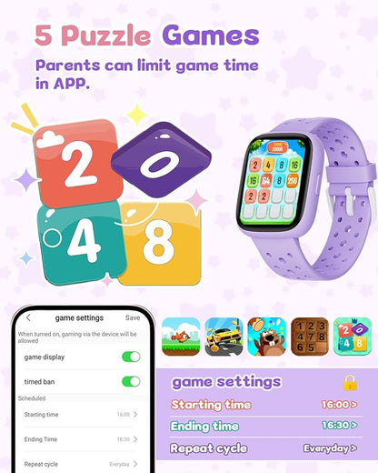 Kids Watch for Girls 5-12, Kids Smart Watch Fitness Tracker Pedometer, No Phone Needed, Puzzle Games with Parental Control, IP68 Waterproof, Heart Rate, Sleep Monitor, Step Counter, 80 Sports