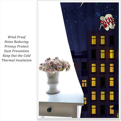 Super Hero Rod Pocket Blackout Curtains for Boy Girl Bedroom, Exploding City Starry Cartoon Skyline Thermal Insulated Home Window Drapes for Living Room Darkening, 72x63 inch