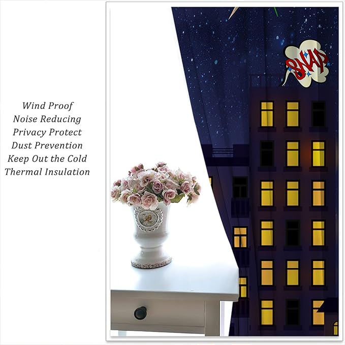 Super Hero Rod Pocket Blackout Curtains for Boy Girl Bedroom, Exploding City Starry Cartoon Skyline Thermal Insulated Home Window Drapes for Living Room Darkening, 42x45 inch