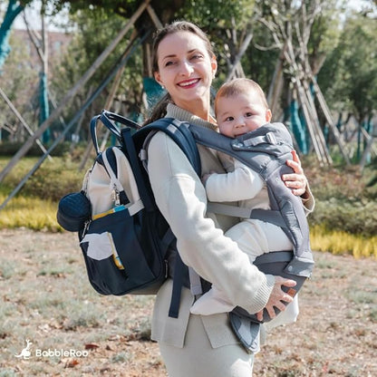 BabbleRoo Grow Carrier – Safety-Certified 6-in-1 Baby Carrier with Hip Seat, Ergonomic & Adjustable Toddler Carrier 7-50 lbs with Hip Support, Hood for Sun Protection, Newborn to Toddler, Gray