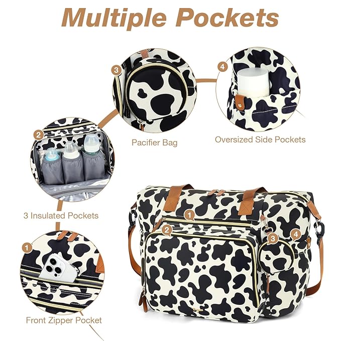 Diaper Bag Tote, Large Baby Diaper Bags for Travel, Hospital Bag for Labor Delivery with Pacifier Case, Changing Pad, Shoulder Strap, Cow Print