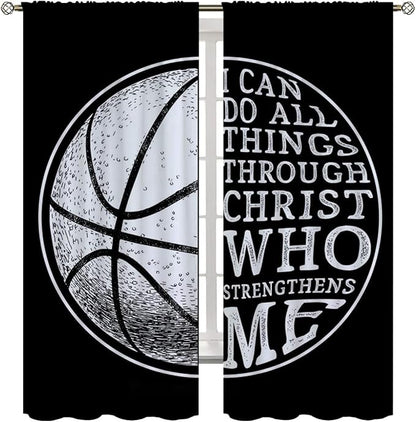 Basketball Blackout Curtains for Boy Girl Room Darkening Decor,Sport Theme and White Motto Dark Background Bedroom Living Room Home Rod Pocket Thermal Insulated Window Curtain/Drapes Panel,55x63 Inch…