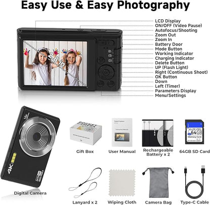 Digital Camera FHD 4K Kids Camera 44MP with 64GB SD Card 2 Batteries Autofocus 16X Digital Zoom Compact Portable Point and Shoot Digital Small Vintage Camera for Teens Boys Girls Students (Black)