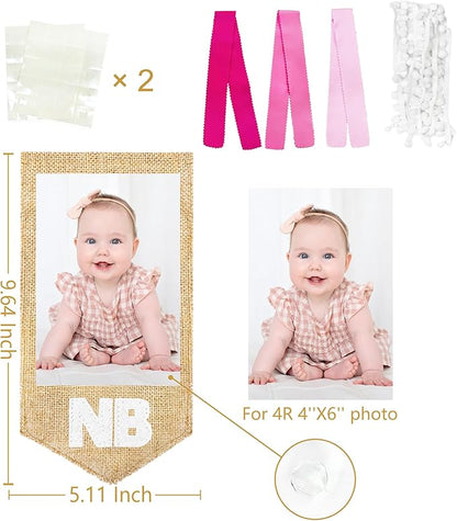 pinkblume 1st Birthday Burlap Photo Banner Garland Handmade Felt from Newborn to 12 Months with Gradient Pink Ribbon for Baby Girl Monthly Milestones First Birthday Party Decorations Supplies