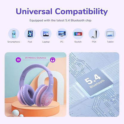 EarFun K4 Kids Bluetooth Headphones, Wireless Headphones with LED Lights, 74/85/94dBA Volume Limited, Built-in Mic, 90H Playtime, Bluetooth 5.4 Over Ear Headphone for iPad/Tablet/School, Violet