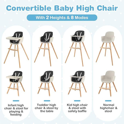 HONEY JOY Baby High Chair, 6-in-1 Eat & Grow Wooden Highchair/Toddler Chair with Removable Tray, 5-Point Harness, PU Cushion and Footrest, Convertible High Chair for Babies and Toddlers(Black)