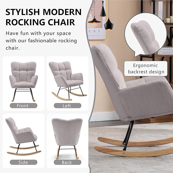 NIOIIKIT Nursery Rocking Chair Velvet Upholstered Glider Rocker Rocking Accent Chair Padded Seat with High Backrest Armchair Comfy Side Chair for Living Room Bedroom Offices (Light Gray)