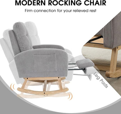 NIOIIKIT Nursery Rocking Chair, Corduroy Upholstered Rocking Chair with Adjustable Footrest, Tufted Rocker Chair with Side Pocket, Glider Rocker for Living Room, Bedroom (Gray Retro)