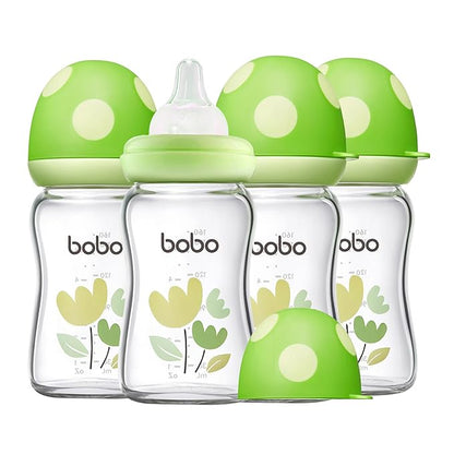 YOHKOH Natural Glass Baby Bottle with Natural Response Nipple, Newborn Anti-Colic Baby Bottles, Wide Neck Mushroom Cap Baby Bottle, Clear (Green, (5.4oz (Pack of 4))